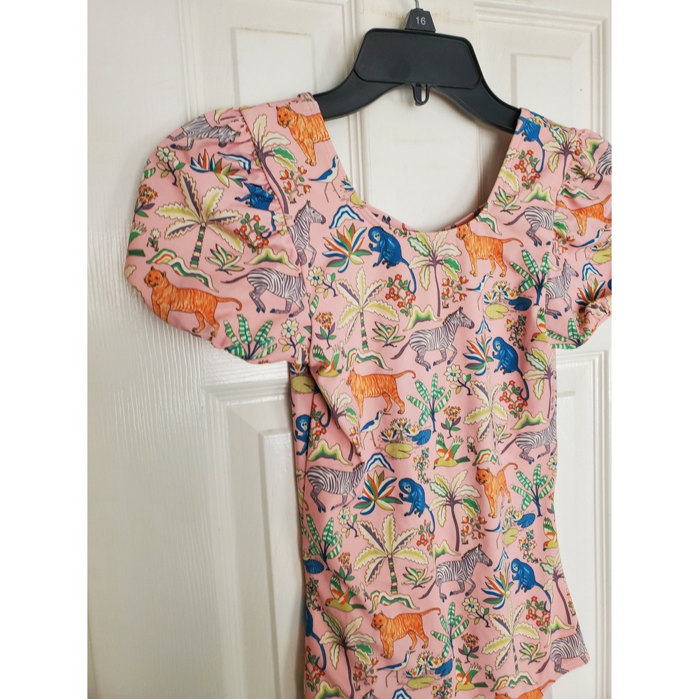 Mini Boden One Piece Swimsuit Pink Jungle Safari Print Puff Sleeve 11-12Y